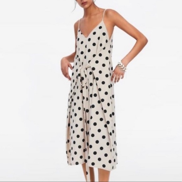 Zara Dresses & Skirts - Zara Sleeveless Polka Dot Midi Dress Waist Tie Beige Size Medium